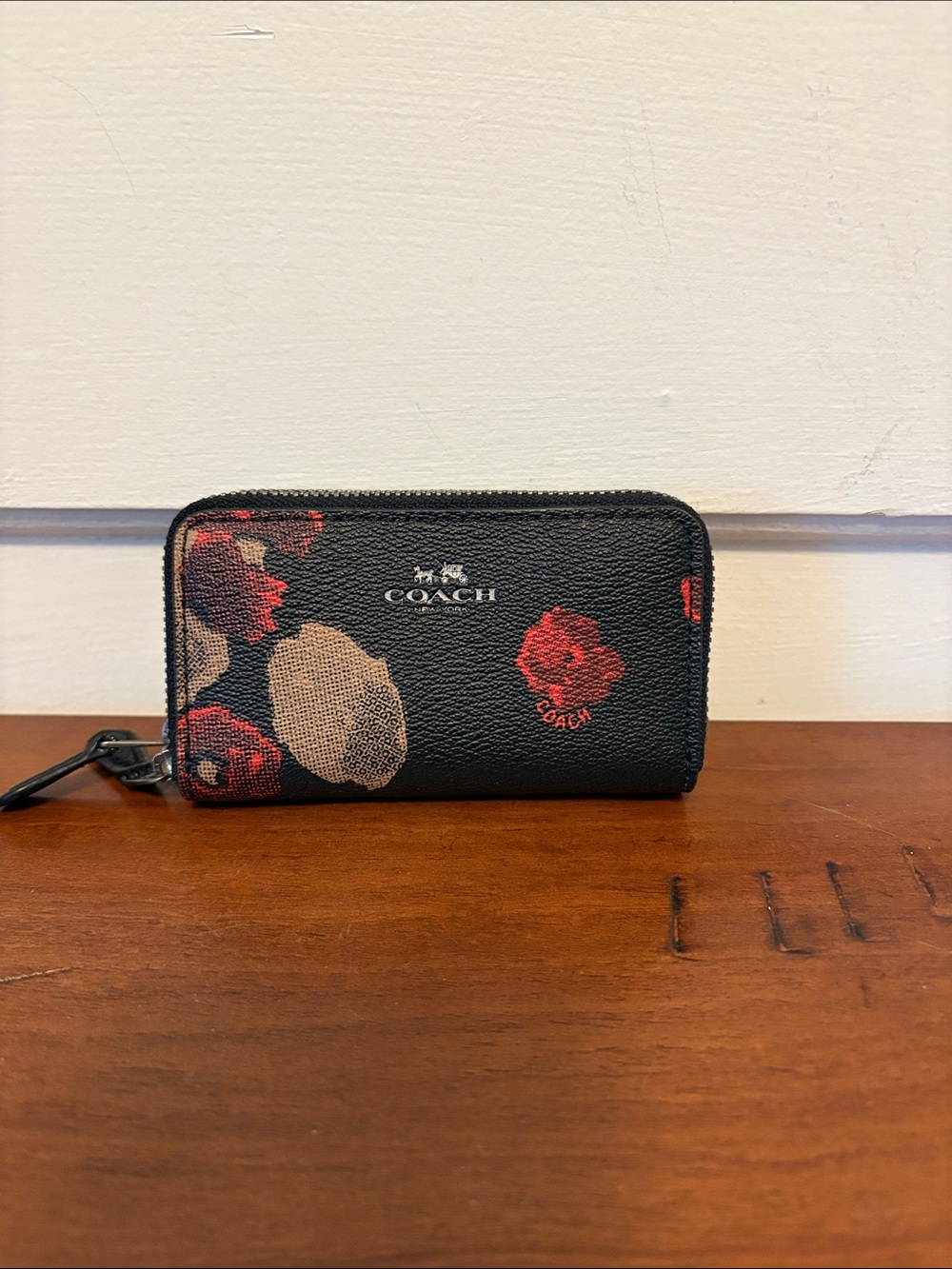 COACH Black Floral Zip Card Case Wallet